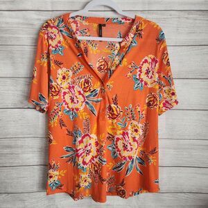Cathy Large Orange Floral Short Sleeve V-neck Blouse